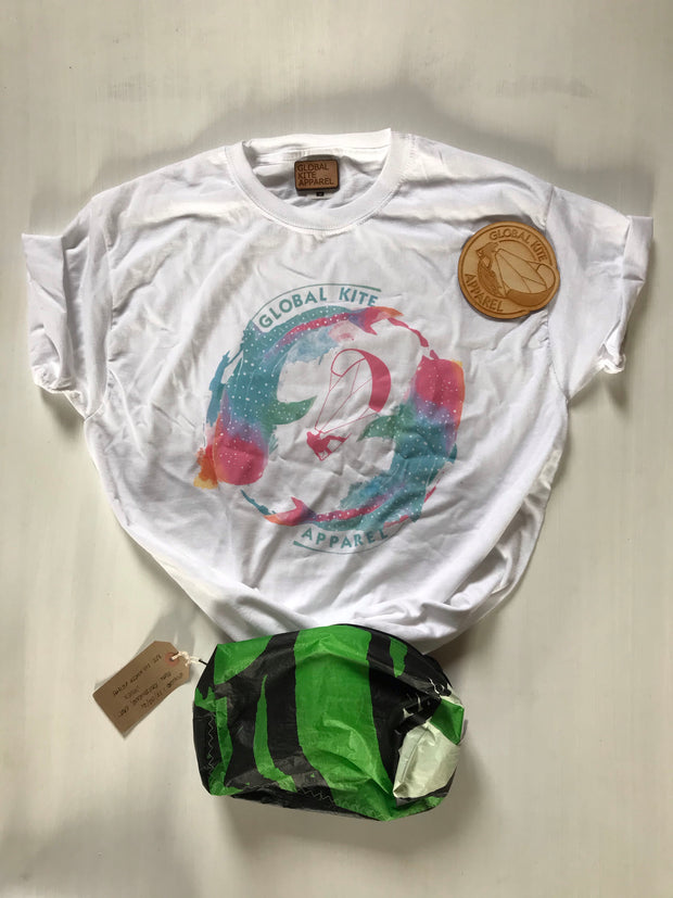 Global Kite Apparel Tee with upcycled kite bag and Global Kite Apparel coaster